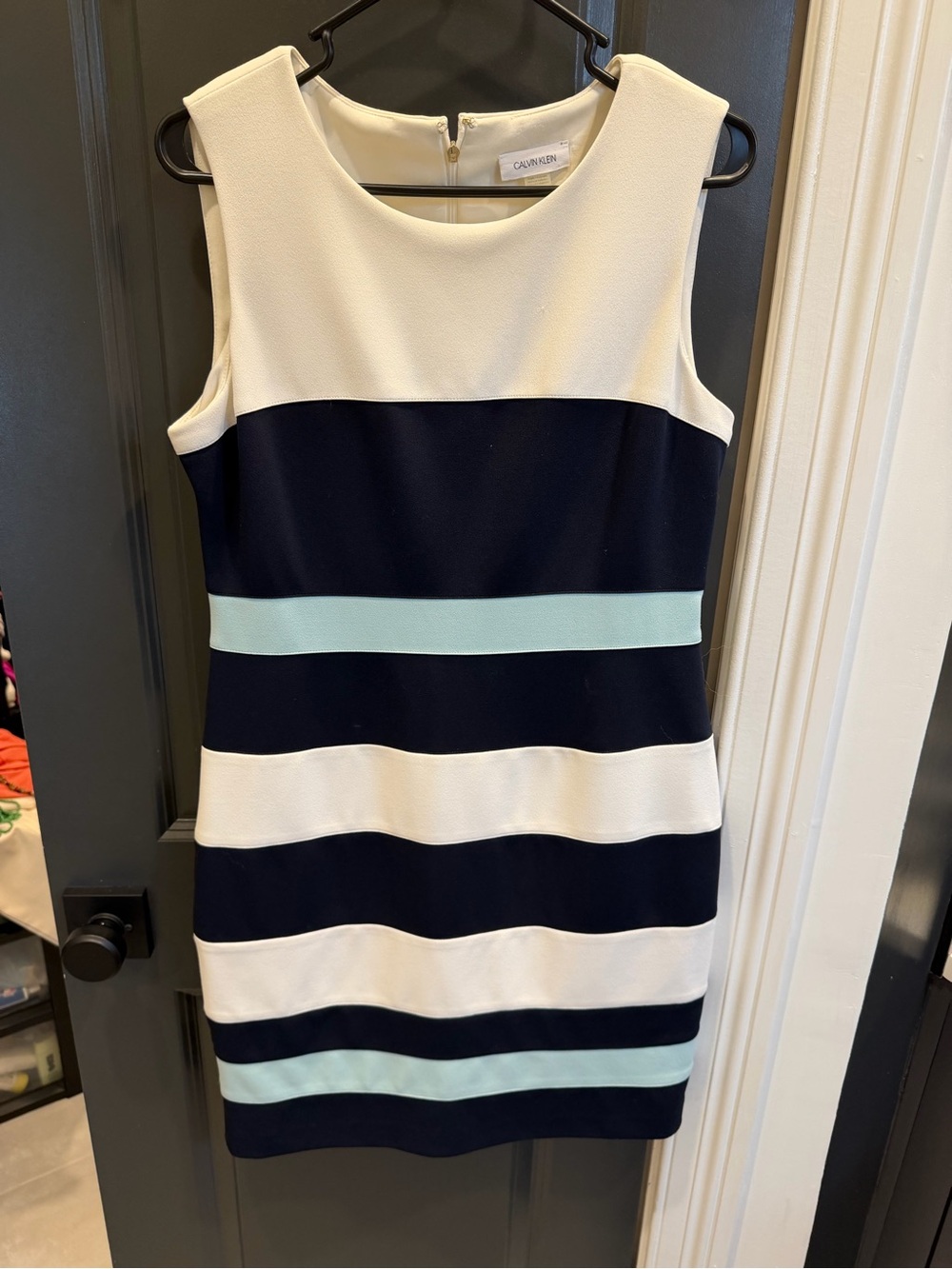 Calvin Klein Navy, White & Light Blue Striped Sleeveless Sheath Dress